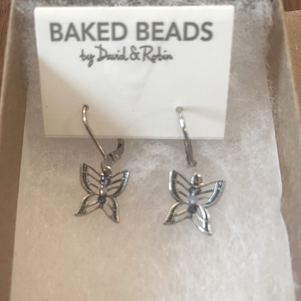 Baked beads silver butterfly earrings